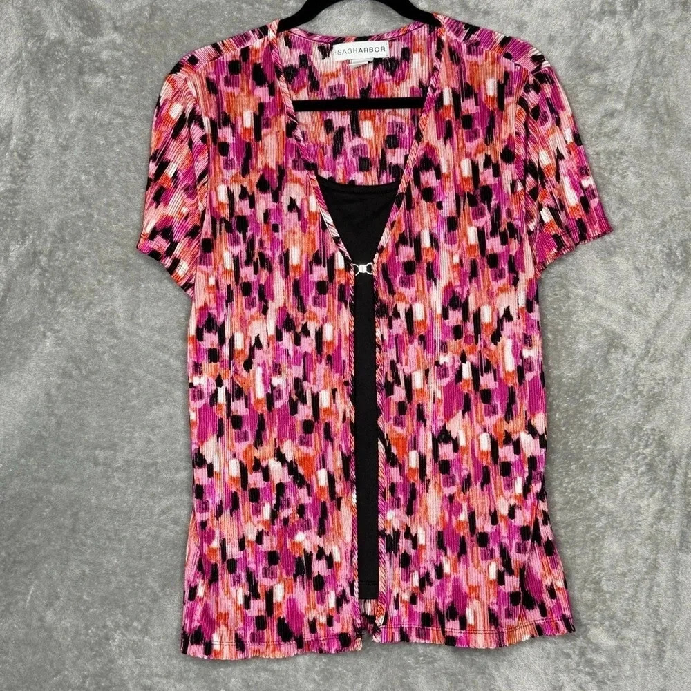 Sag Harbor L Large Shirt Top Pink Abstract Short Sleeve Scoop Neck Layered Look - Picture 1 of 6